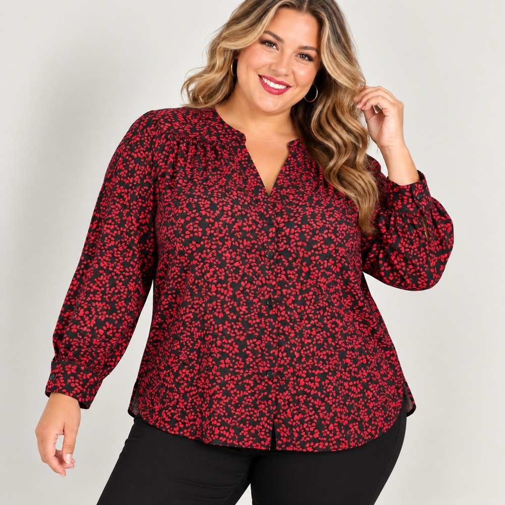 CJ Banks Button Down Blouse Women 2X Red Black Dark Floral Print Chic Plus Size